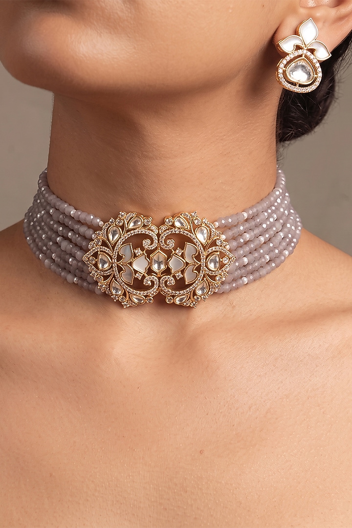Gold Finish Kundan Polki & Blue Beaded Choker Necklace Set by Joules By Radhika at Pernia's Pop Up Shop