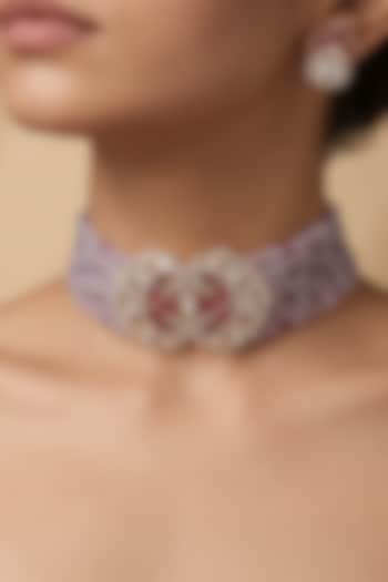 Gold Finish Kundan Polki & Blue Beaded Choker Necklace Set by Joules By Radhika at Pernia's Pop Up Shop