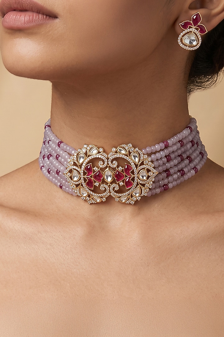 Gold Finish Kundan Polki & Blue Beaded Choker Necklace Set by Joules By Radhika at Pernia's Pop Up Shop
