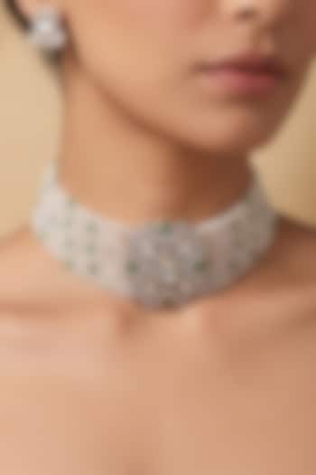 Gold Finish Kundan Polki & White Beaded Choker Necklace Set by Joules By Radhika at Pernia's Pop Up Shop