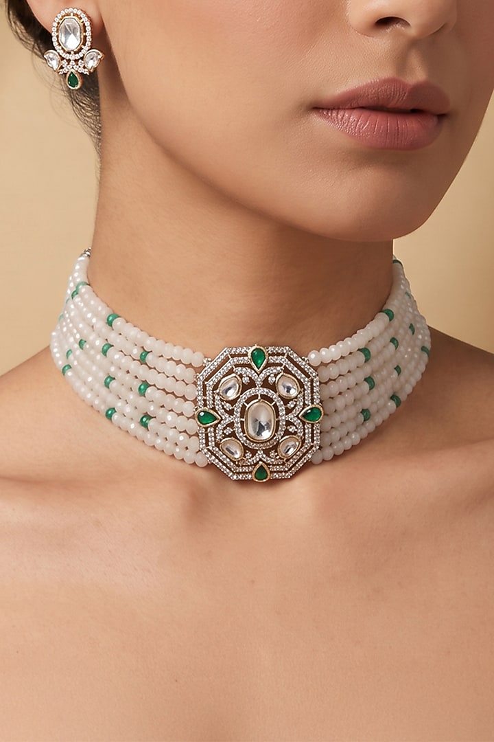 Gold Finish Kundan Polki & White Beaded Choker Necklace Set by Joules By Radhika at Pernia's Pop Up Shop