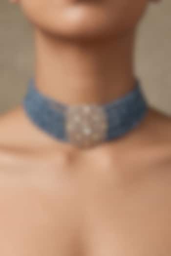 Gold Finish Kundan Polki & Blue Beaded Choker Necklace Set by Joules By Radhika at Pernia's Pop Up Shop