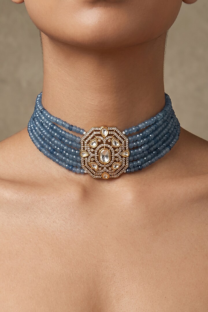Gold Finish Kundan Polki & Blue Beaded Choker Necklace Set by Joules By Radhika at Pernia's Pop Up Shop