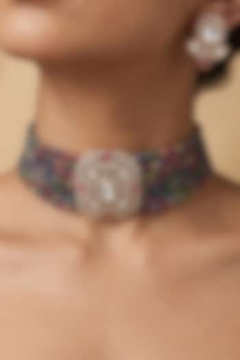 Gold Finish Kundan Polki & Multi-Colored Beaded Choker Necklace Set by Joules By Radhika at Pernia's Pop Up Shop
