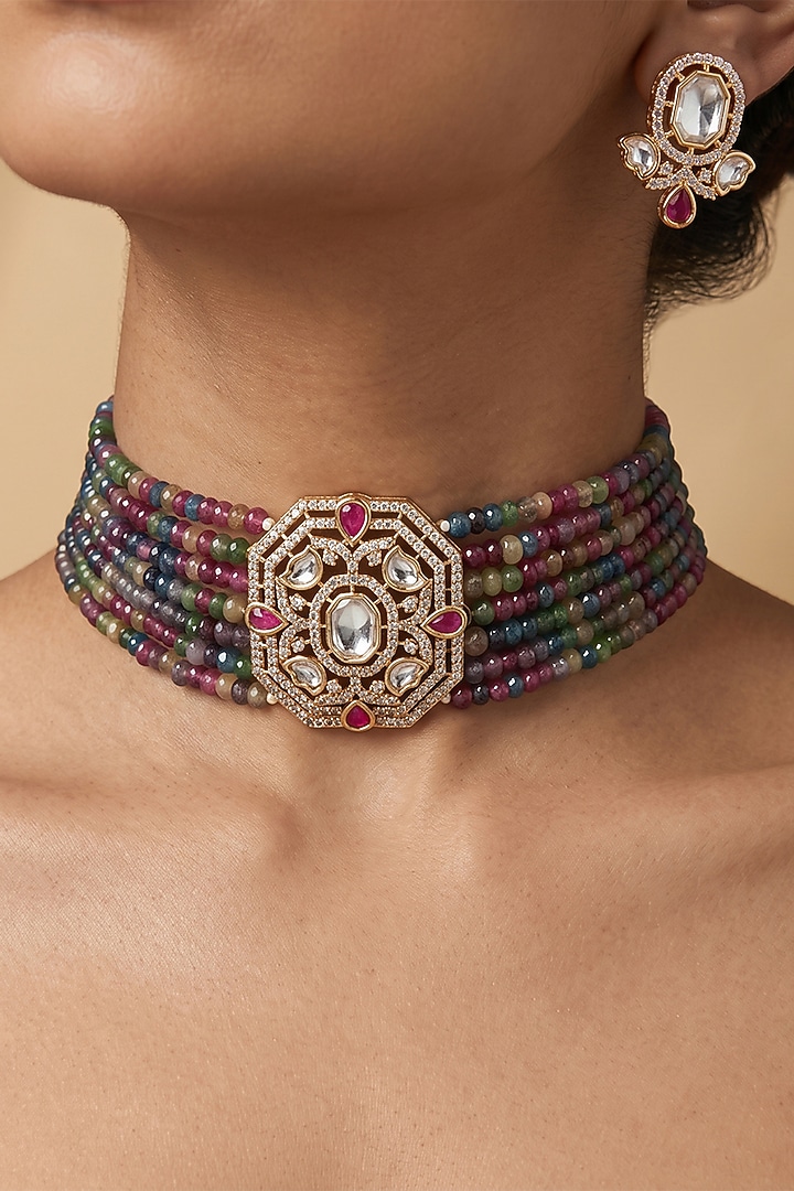 Gold Finish Kundan Polki & Multi-Colored Beaded Choker Necklace Set by Joules By Radhika at Pernia's Pop Up Shop