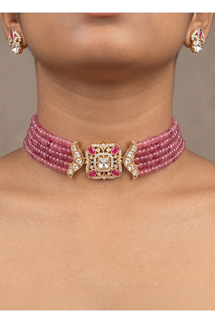 Gold Finish Kundan Polki & Pink Beaded Choker Necklace Set by Joules By Radhika at Pernia's Pop Up Shop