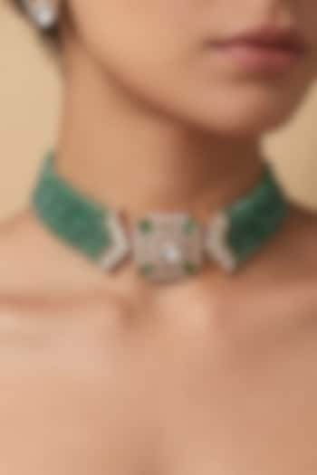 Gold Finish Kundan Polki & Green Beaded Choker Necklace Set by Joules By Radhika at Pernia's Pop Up Shop