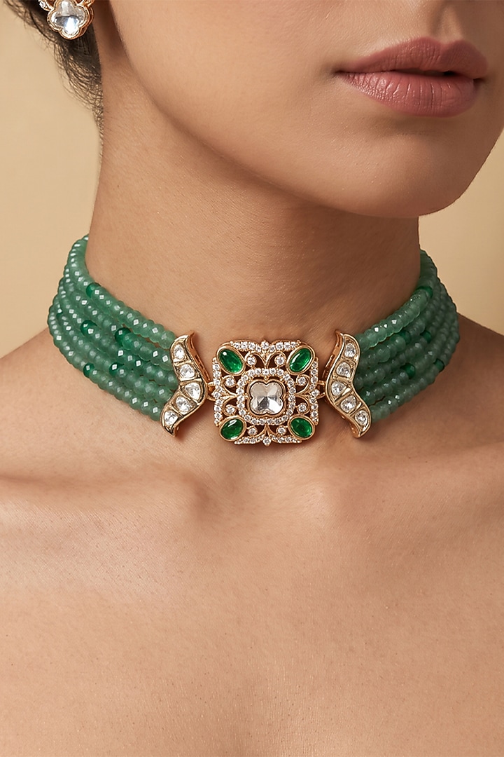 Gold Finish Kundan Polki & Green Beaded Choker Necklace Set by Joules By Radhika at Pernia's Pop Up Shop