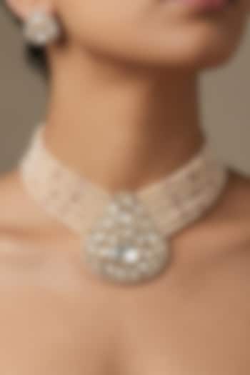 Gold Finish Kundan Polki & Gold Beaded Choker Necklace Set by Joules By Radhika at Pernia's Pop Up Shop