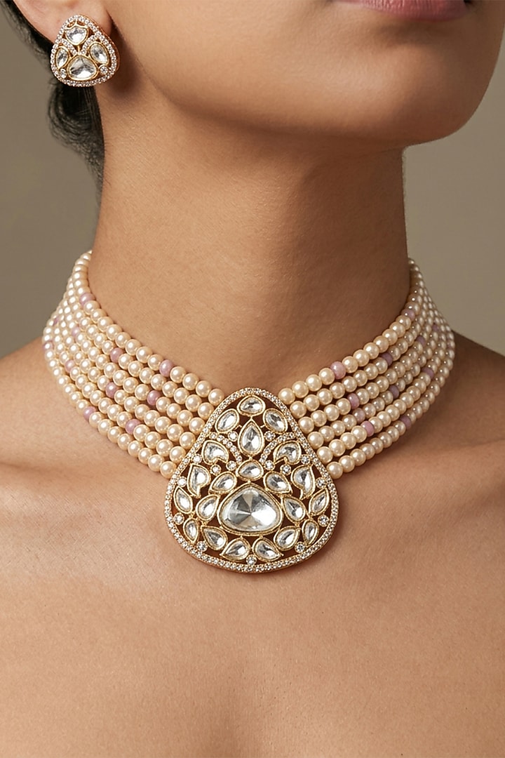Gold Finish Kundan Polki & Gold Beaded Choker Necklace Set by Joules By Radhika at Pernia's Pop Up Shop