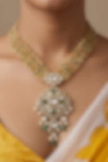 Gold Finish Kundan Polki & Multi-Colored Beaded Pendant Necklace Set by Joules By Radhika at Pernia's Pop Up Shop