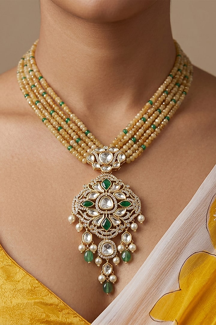 Gold Finish Kundan Polki & Multi-Colored Beaded Pendant Necklace Set by Joules By Radhika at Pernia's Pop Up Shop