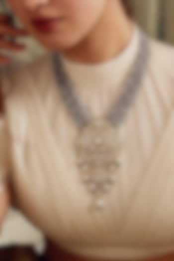 Gold Finish Kundan Polki & Grey Beaded Pendant Necklace Set by Joules By Radhika at Pernia's Pop Up Shop