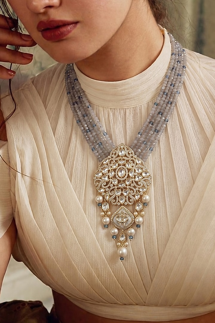 Gold Finish Kundan Polki & Grey Beaded Pendant Necklace Set by Joules By Radhika at Pernia's Pop Up Shop