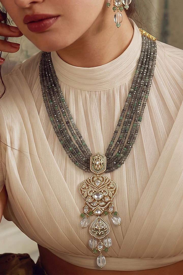 Gold Finish Kundan Polki & Green Beaded Pendant Necklace Set by Joules By Radhika at Pernia's Pop Up Shop