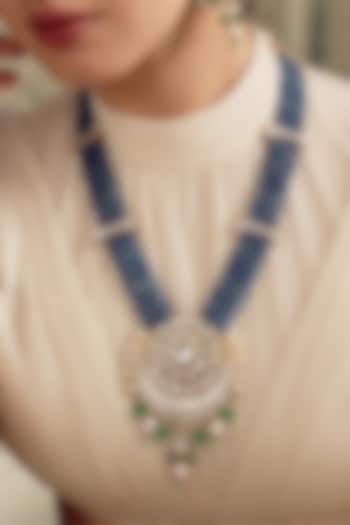 Gold Finish Kundan Polki & Blue Beaded Pendant Necklace Set by Joules By Radhika at Pernia's Pop Up Shop