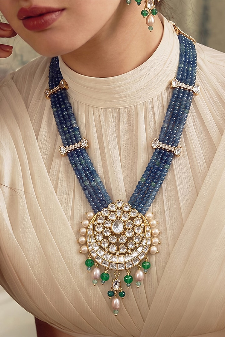 Gold Finish Kundan Polki & Blue Beaded Pendant Necklace Set by Joules By Radhika at Pernia's Pop Up Shop
