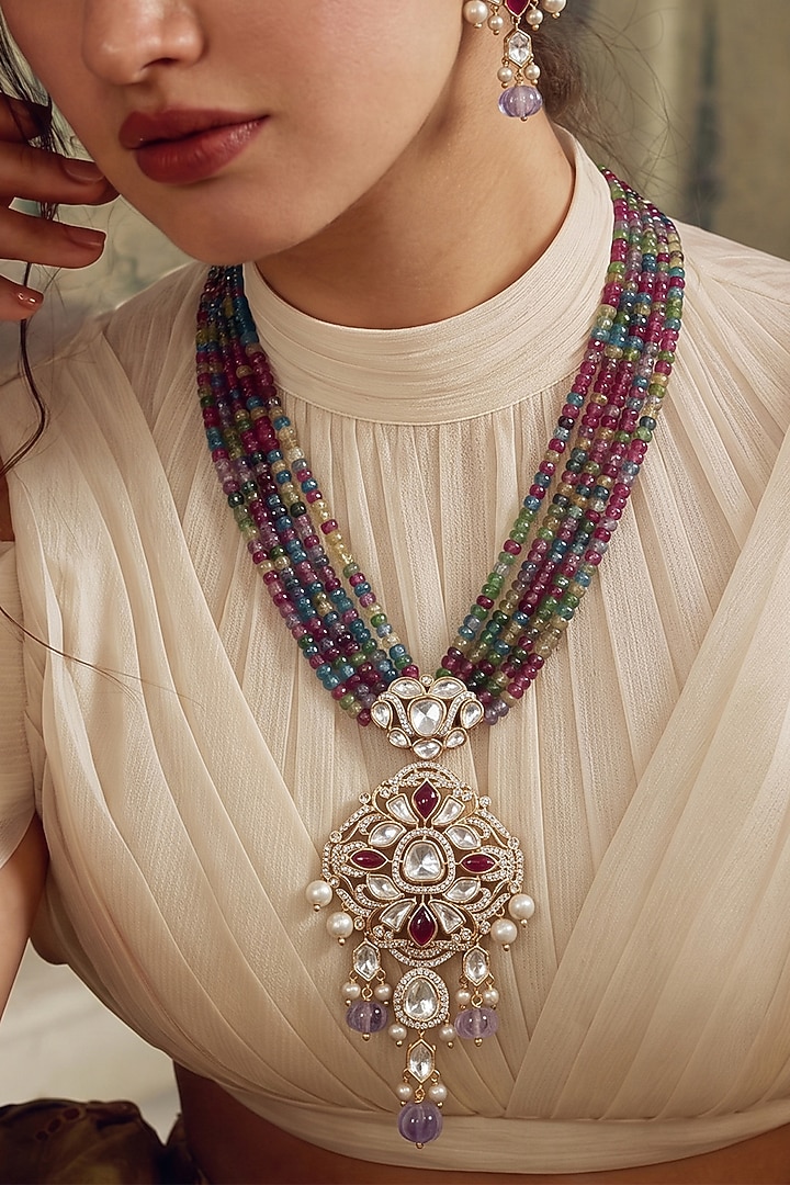 Gold Finish Kundan Polki & Multi-Colored Beaded Pendant Necklace Set by Joules By Radhika at Pernia's Pop Up Shop