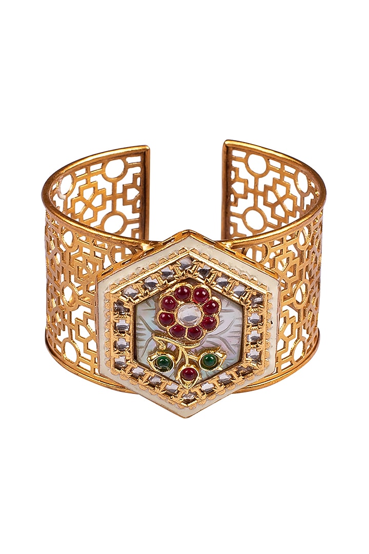Gold Finish Kada Bracelet With Multi-Colored Stones by Joules By Radhika at Pernia's Pop Up Shop