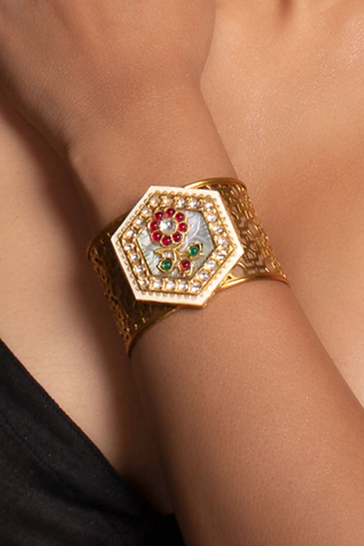 Gold Finish Kada Bracelet With Multi-Colored Stones by Joules By Radhika at Pernia's Pop Up Shop