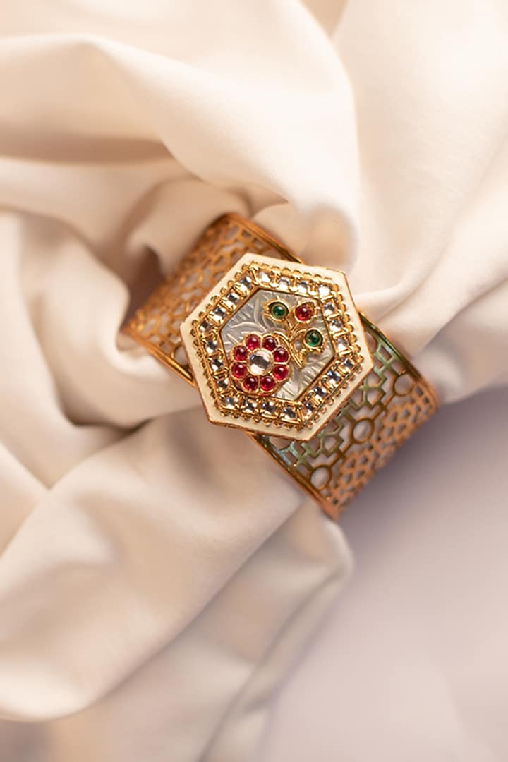 Gold Finish Kada Bracelet With Multi-Colored Stones by Joules By Radhika at Pernia's Pop Up Shop