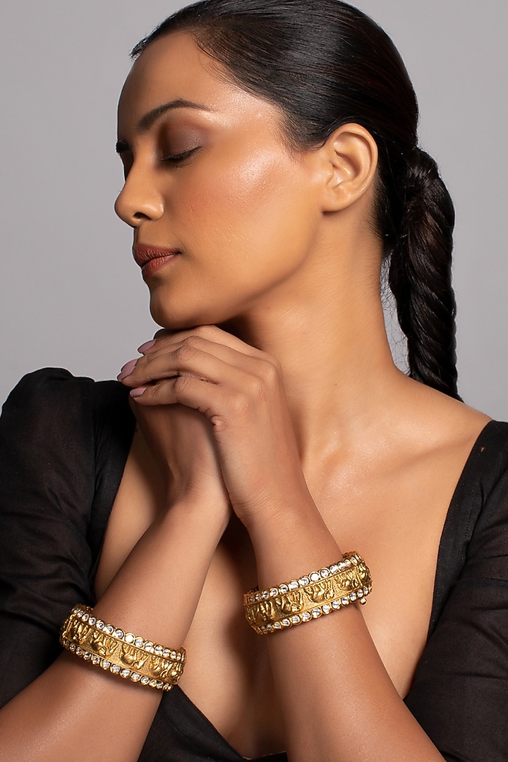 Gold Finish Bangle With Semi Precious Stones by Joules By Radhika at Pernia's Pop Up Shop