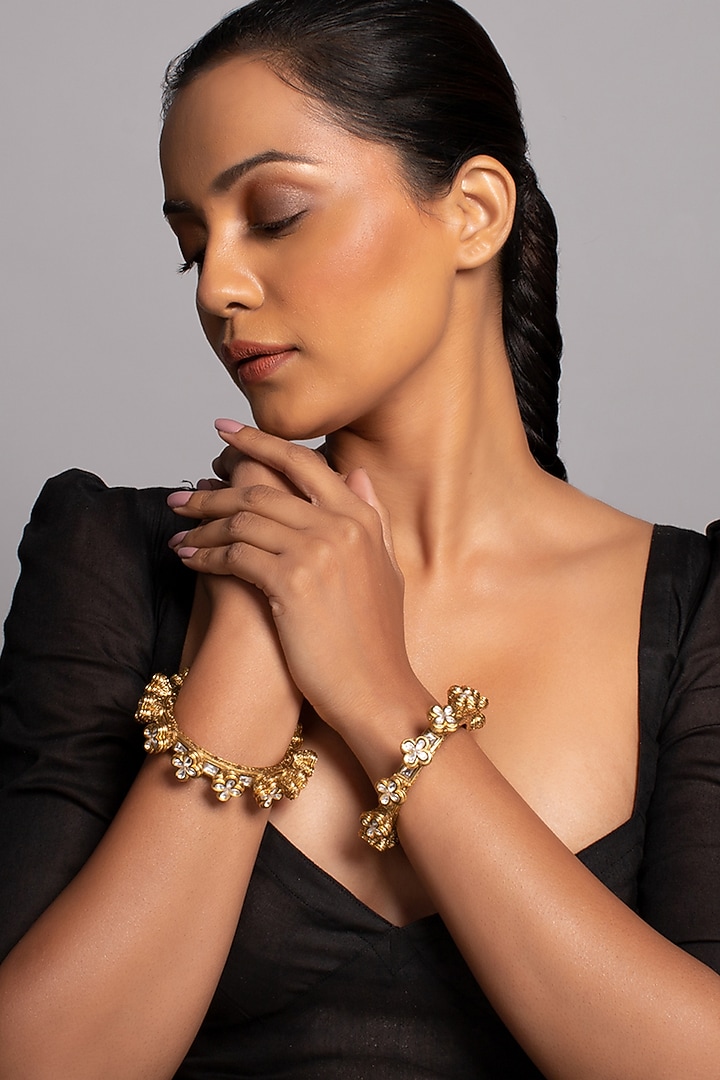 Gold Finish Semi Precious Stone Bangle by Joules By Radhika at Pernia's Pop Up Shop