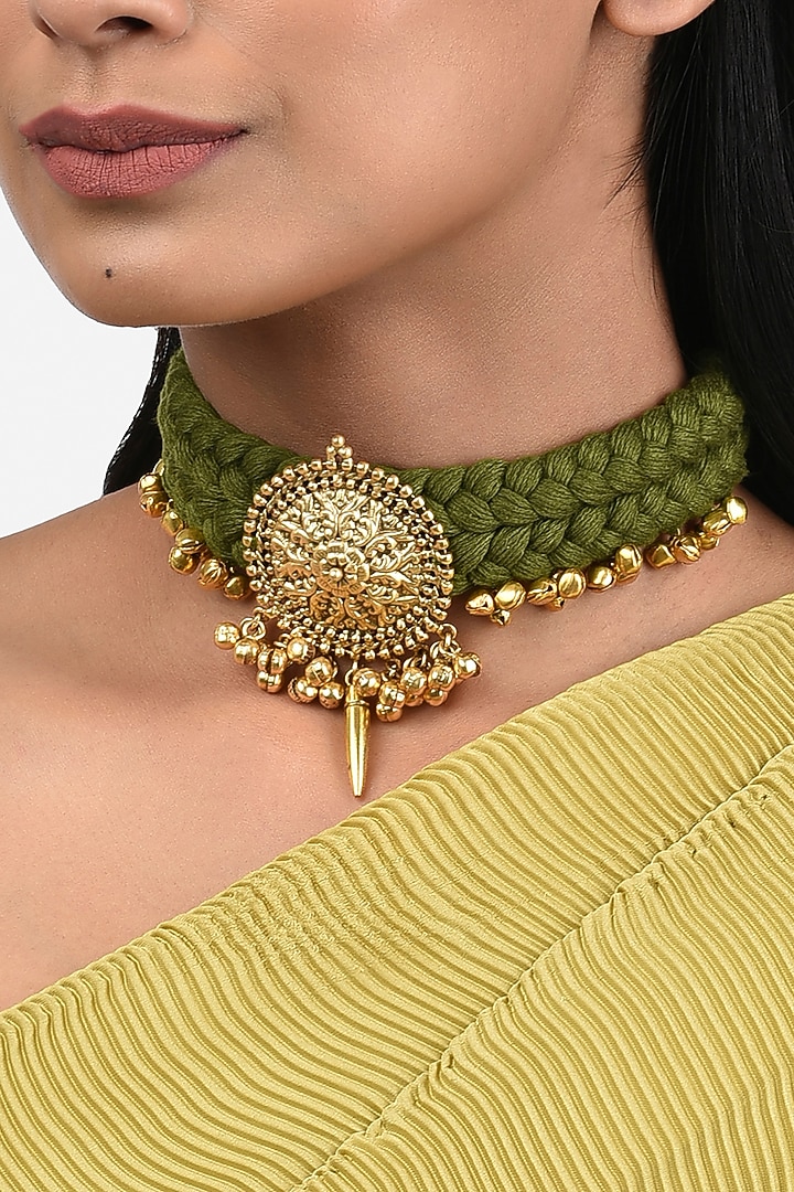Gold Finish Handcrafted Temple Choker Necklace by Joules By Radhika at Pernia's Pop Up Shop