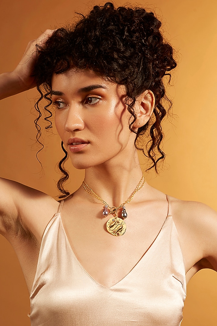 Gold Finish Twin Pearl Pisces Celestial Necklace by Joules By Radhika at Pernia's Pop Up Shop