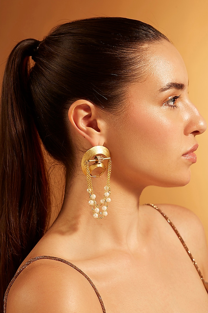Gold Finish Pearl Dangler Earrings by Joules By Radhika