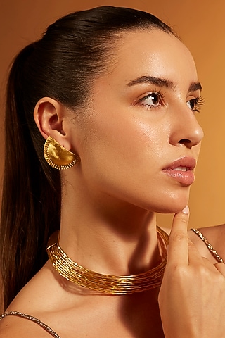 Gold Finish Half Moon Stud Earrings by Joules By Radhika