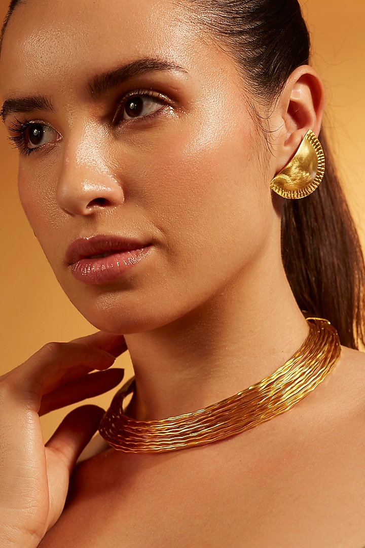 Gold Finish Half Moon Stud Earrings by Joules By Radhika at Pernia's Pop Up Shop