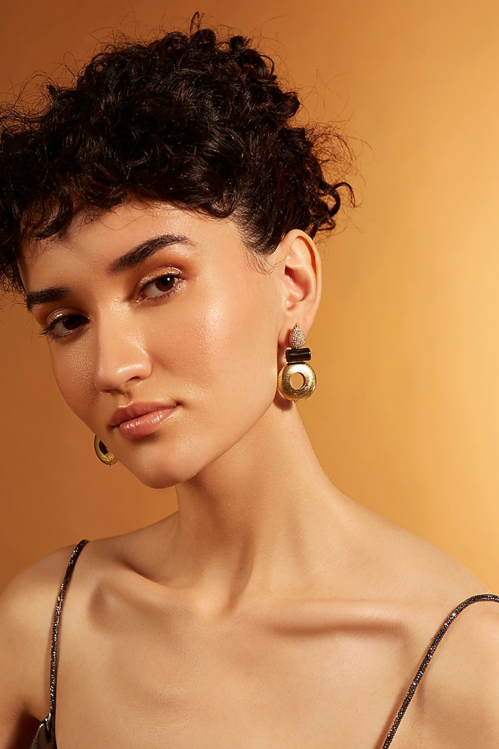 Gold Finish Diamond & Black Onyx Stud Earrings by Joules By Radhika