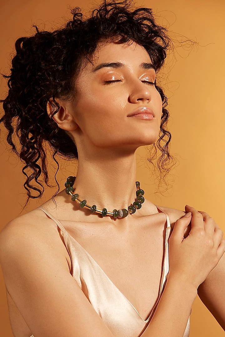 Gold Finish Agate & Jade Choker Necklace by Joules By Radhika