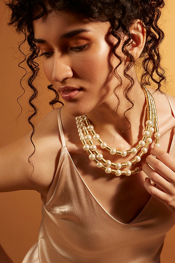 Gold Finish Pearl Layered Necklace by Joules By Radhika at Pernia's Pop Up Shop