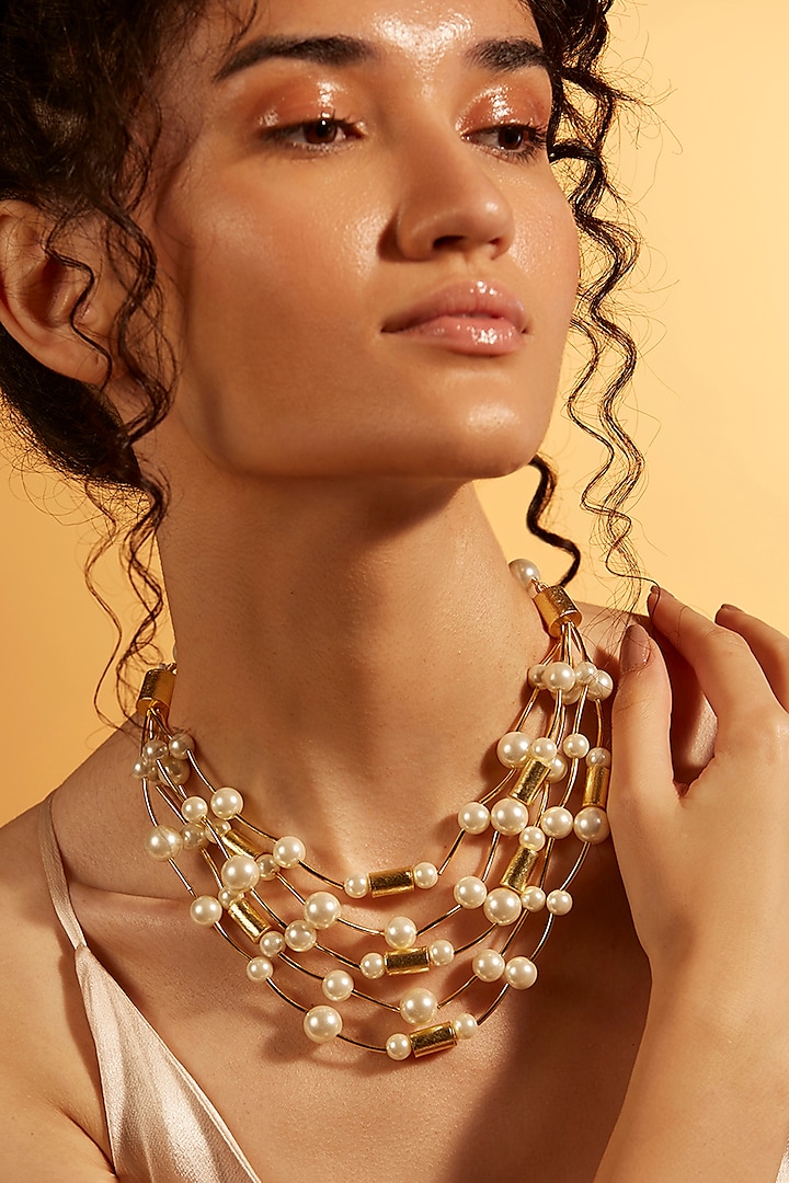Gold Finish Layered Pearl Choker Necklace by Joules By Radhika