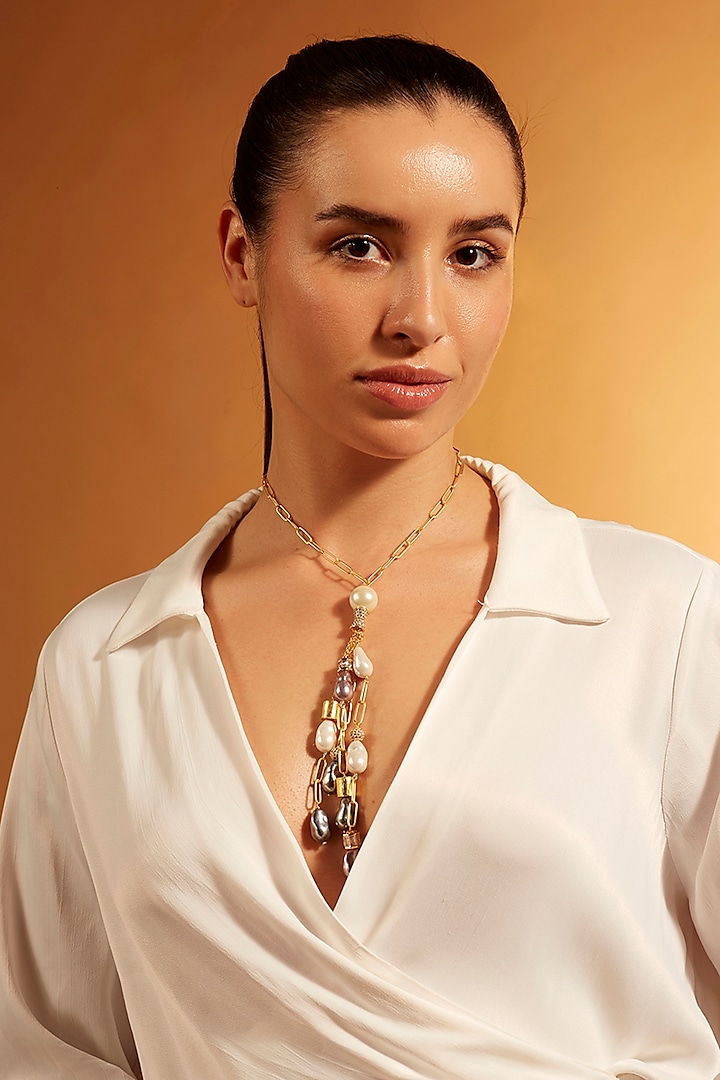 Gold Finish Pearl Cascade Lariat Necklace by Joules By Radhika