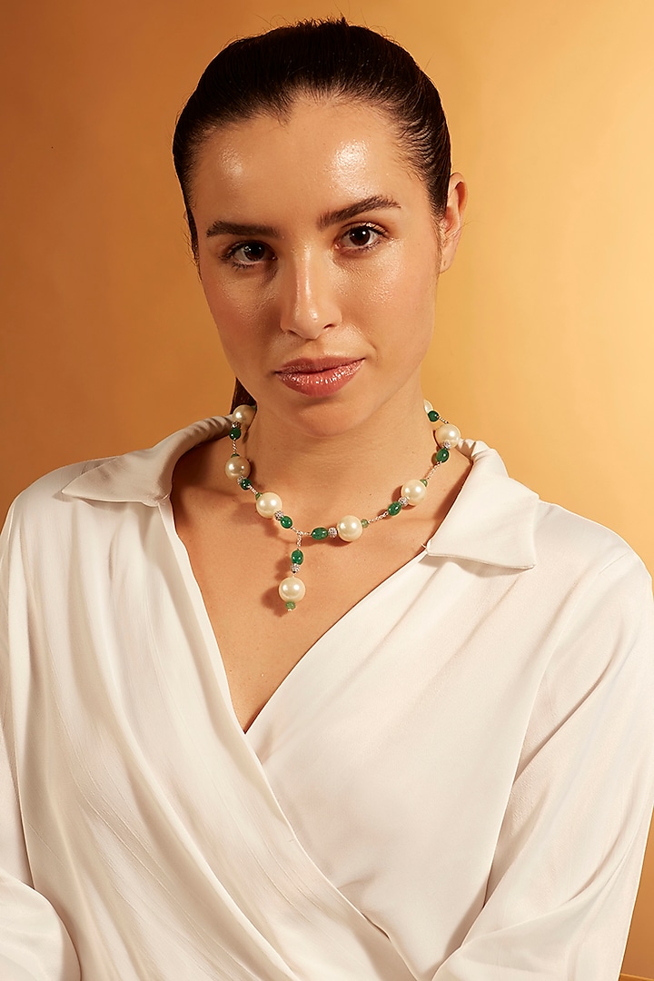 Gold Finish Pearl & Jade Lariat Necklace by Joules By Radhika