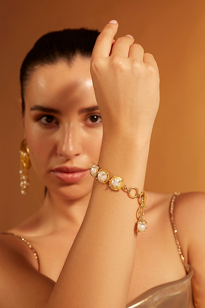 Gold Finish Pearl Link Chain Bracelet by Joules By Radhika