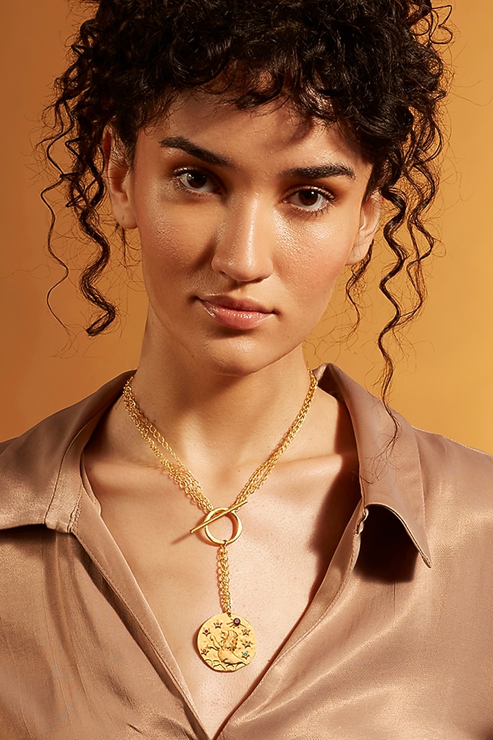 Gold Finish Leo Celestial Necklace by Joules By Radhika at Pernia's Pop Up Shop