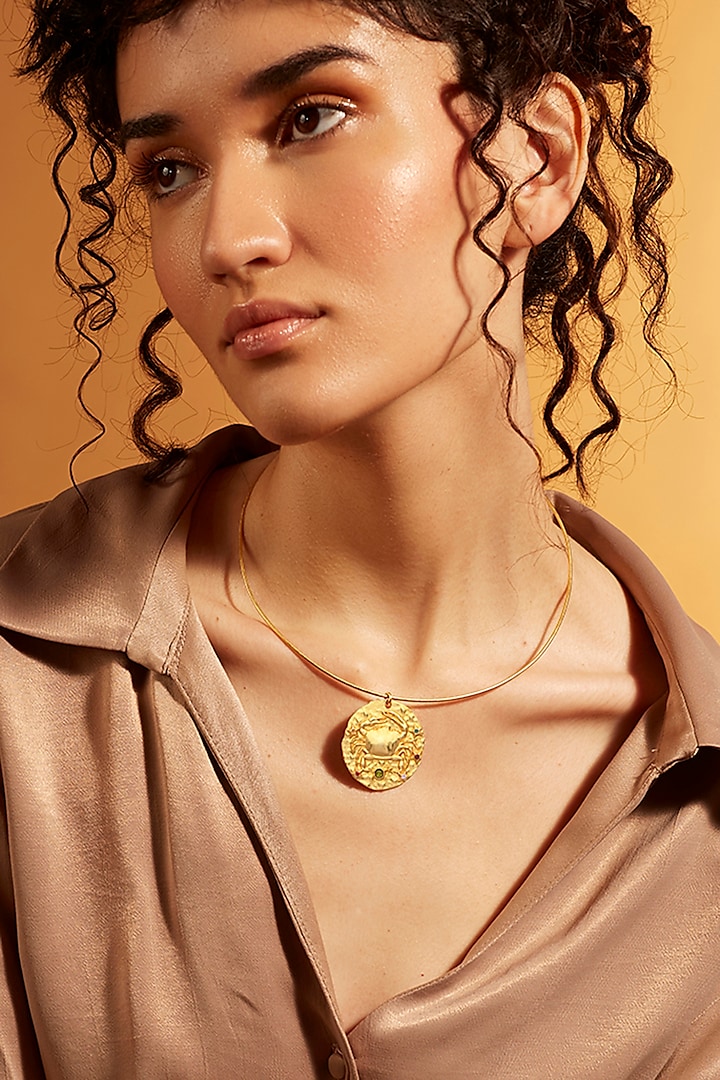 Gold Finish Cancer Celestial Torque Necklace by Joules By Radhika at Pernia's Pop Up Shop