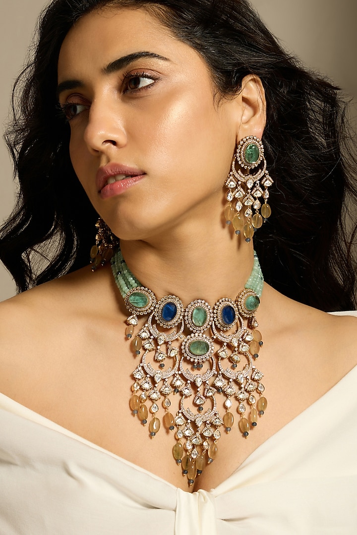 Gold Finish Emerald Green & Blue Stone Necklace Set by Joules By Radhika at Pernia's Pop Up Shop