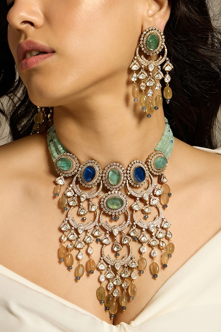 Gold Finish Emerald Green Blue Stone Necklace Set by Joules By