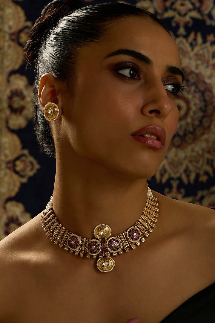 Gold Finish Ornate Motifs Temple Necklace Set by Joules By Radhika at Pernia's Pop Up Shop