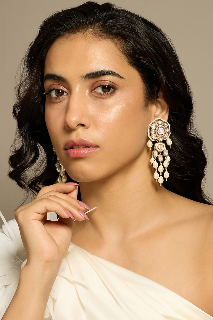 Gold Finish Kundan Polki & Pearl Dangler Earrings by Joules By Radhika at Pernia's Pop Up Shop