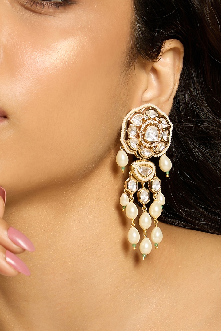 Gold Finish Kundan Polki & Pearl Dangler Earrings by Joules By Radhika at Pernia's Pop Up Shop