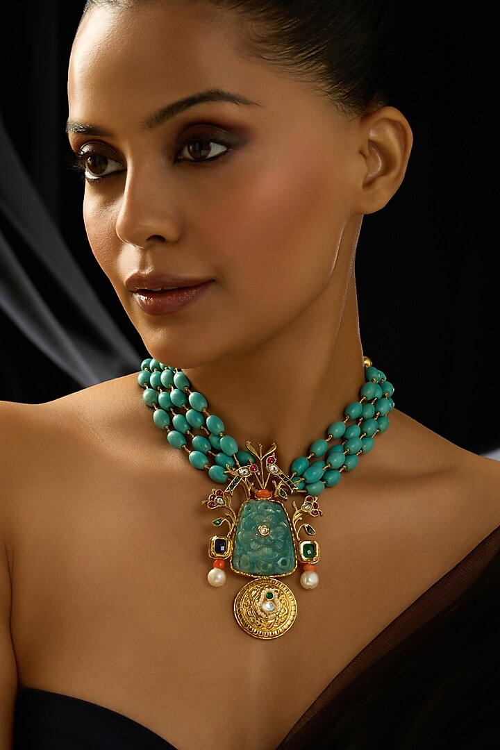 Gold Finish Azure Blue Stone Handcrafted Necklace by Joules By Radhika at Pernia's Pop Up Shop