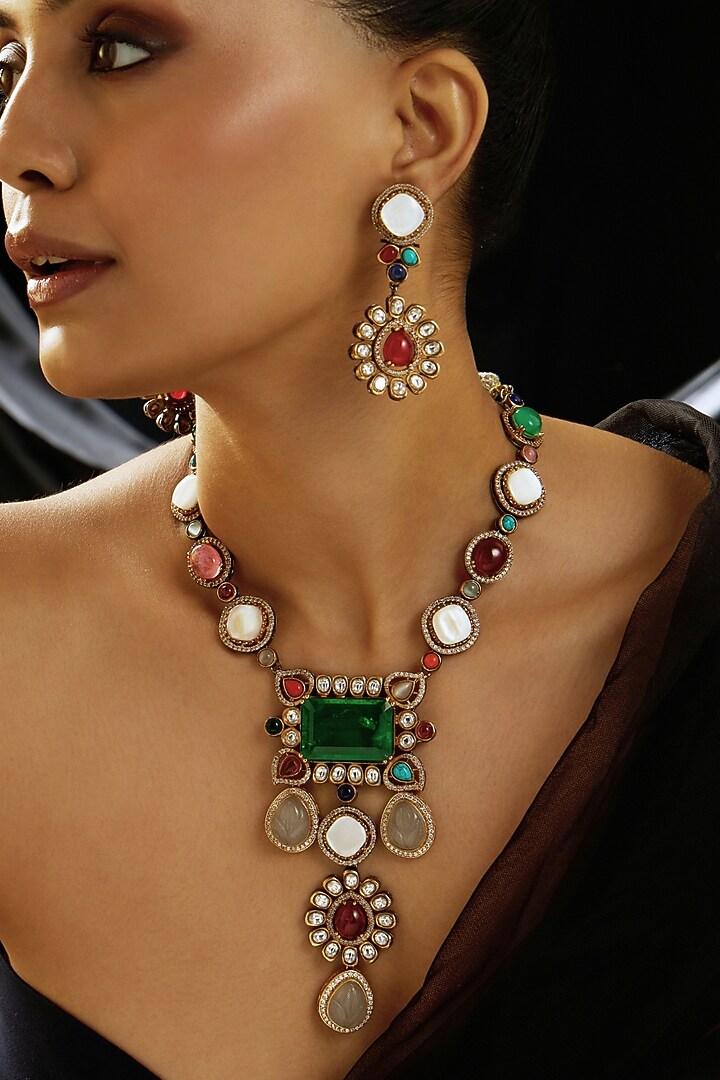 Gold Finish Multi-Colored Gemstone Necklace by Joules By Radhika at Pernia's Pop Up Shop