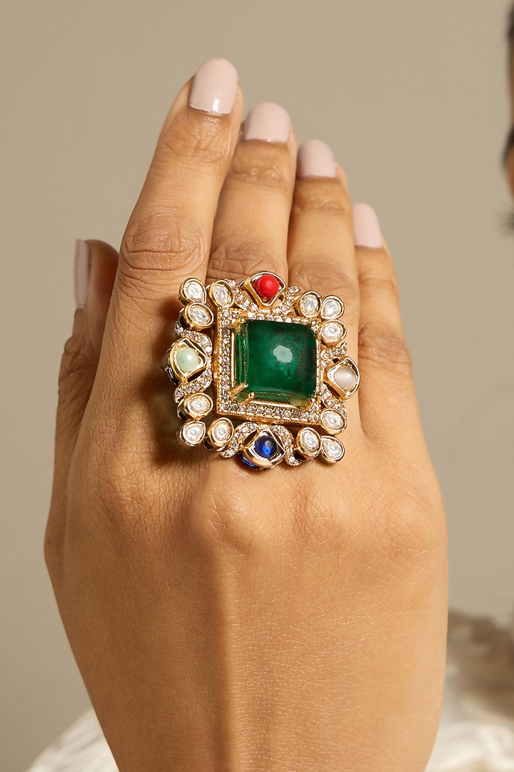 Gold Finish Green Stone Prism Square Ring by Joules By Radhika at Pernia's Pop Up Shop