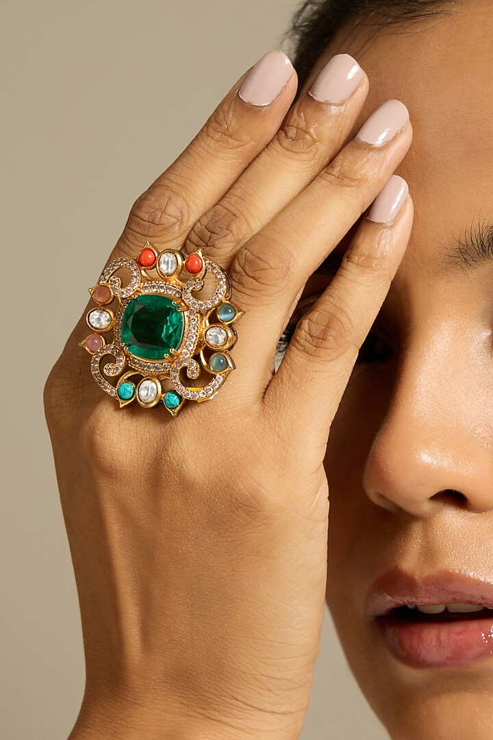 Gold Finish Green Stone Ring by Joules By Radhika at Pernia's Pop Up Shop